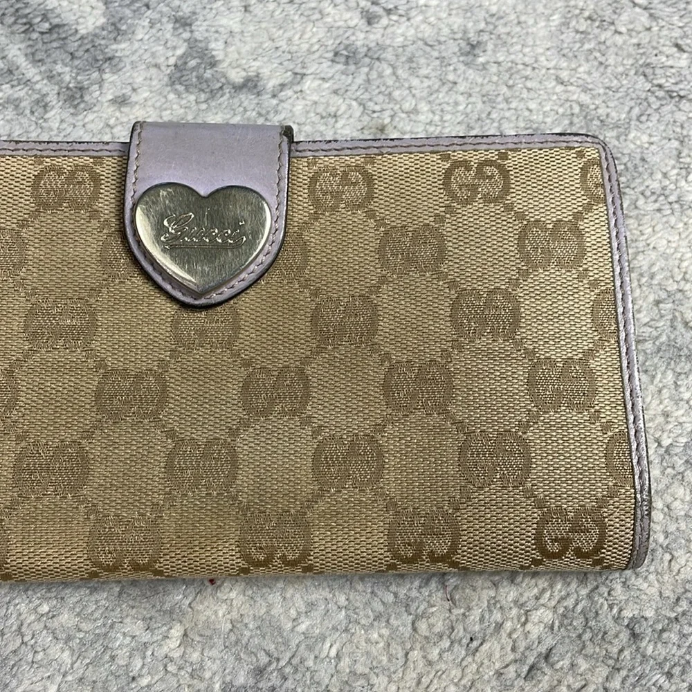 Gucci Monogram GG Long Wallet Double Sided Tan Lilac Heart Clasp